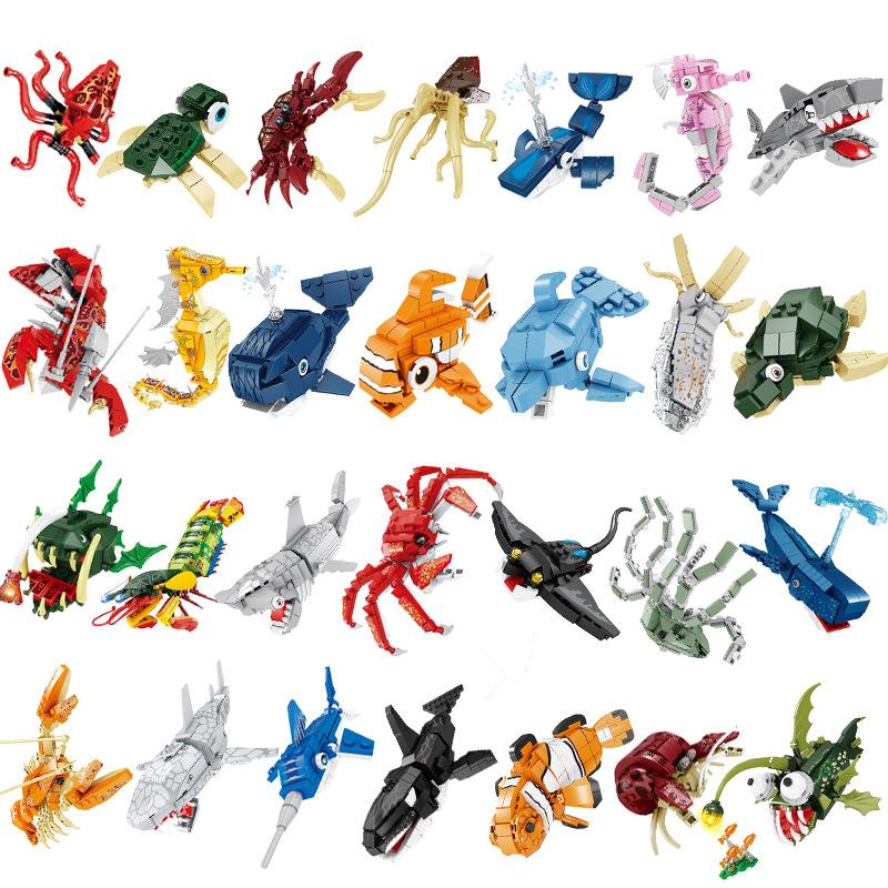 Underwater World Marine Animals Building Blocks Shark Crab Octopus Jellyfish Figures Model Building Blocks Bricks Children's Toy