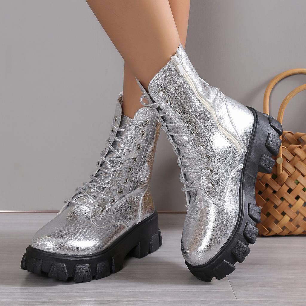 Fashion Winter Silver Crystal Thick Sole Ankle Boots Women's Thick Sole Motorcycle Boots Women's Luxury Rhinestone Punk Shoes Size 35-43