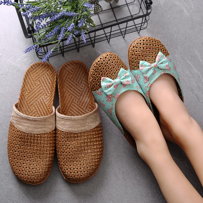 Summer Men/Women Flat Slippers Casual Slides Floral Bow Linen Women Sandals Indoor Shoes