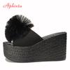 Aphixta  Hairball 3.54 Inch/9cm Wedge Heels Mule Black Slides Beach Platform Women Slippers Female Sandals Clog Shoes Women