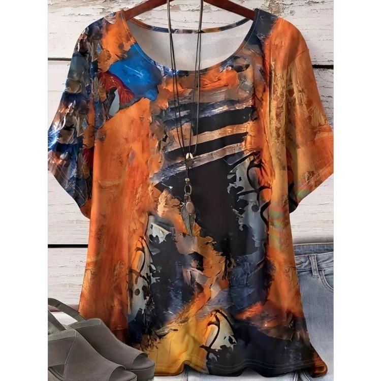 Plus Size Women Casual Comfortable Top Relaxed Fit Short Sleeve Floral Print Vibrant Pattern T-Shirt Spring Summer Outings