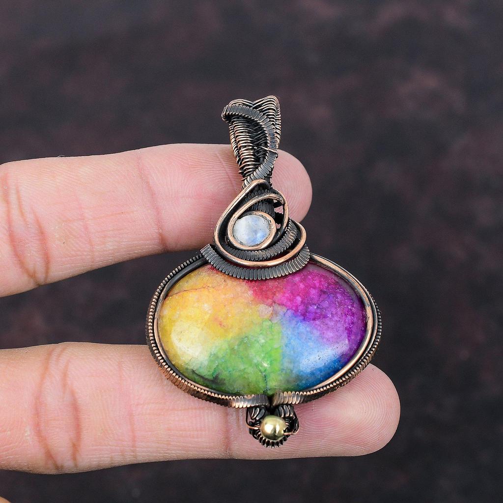 Rainbow Solar Quartz Druzy Copper Wire Wrapped Pendant Rainbow Moonstone Pendant Copper Jewelry Gemstone Pendant For Women Handmade Jewelry