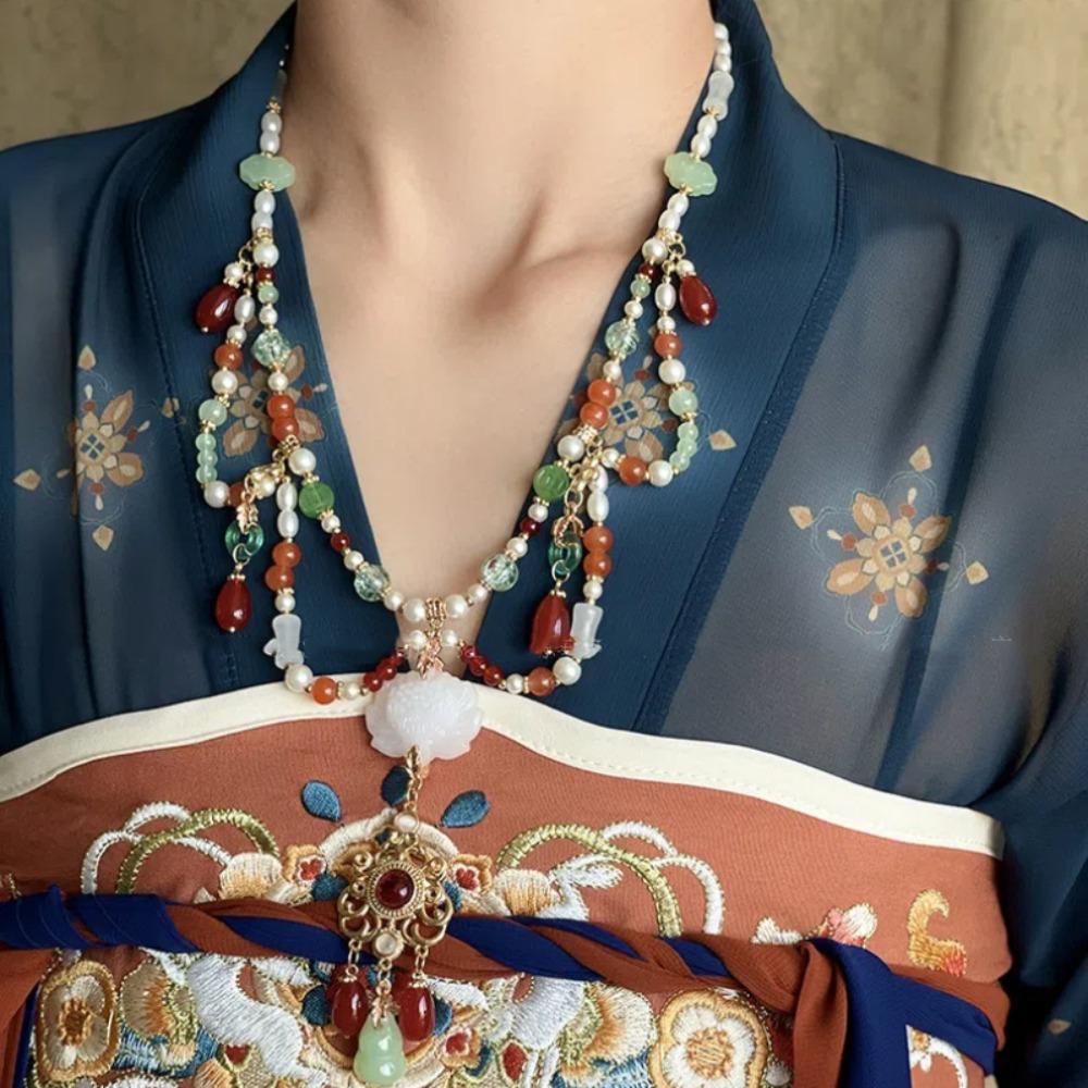 Tang Ming Song Dynasty Hanfu Ruyi Pendant Pearl Long Tassel Necklace Chinese Style Necklace Hanfu