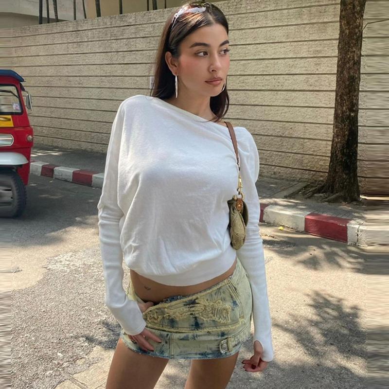 European and American Hot Girls Fashion Temperament Diagonal Shoulder T-shirt, Autumn and Winter New Off-the-shoulder Asymmetric All-match Blouse