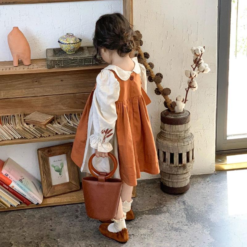 Girl Princess Dress 2023 Spring Autumn New Korean Kids Orange and Beige Retro Cotton Linen Embroidered Dresses Two Piece Set