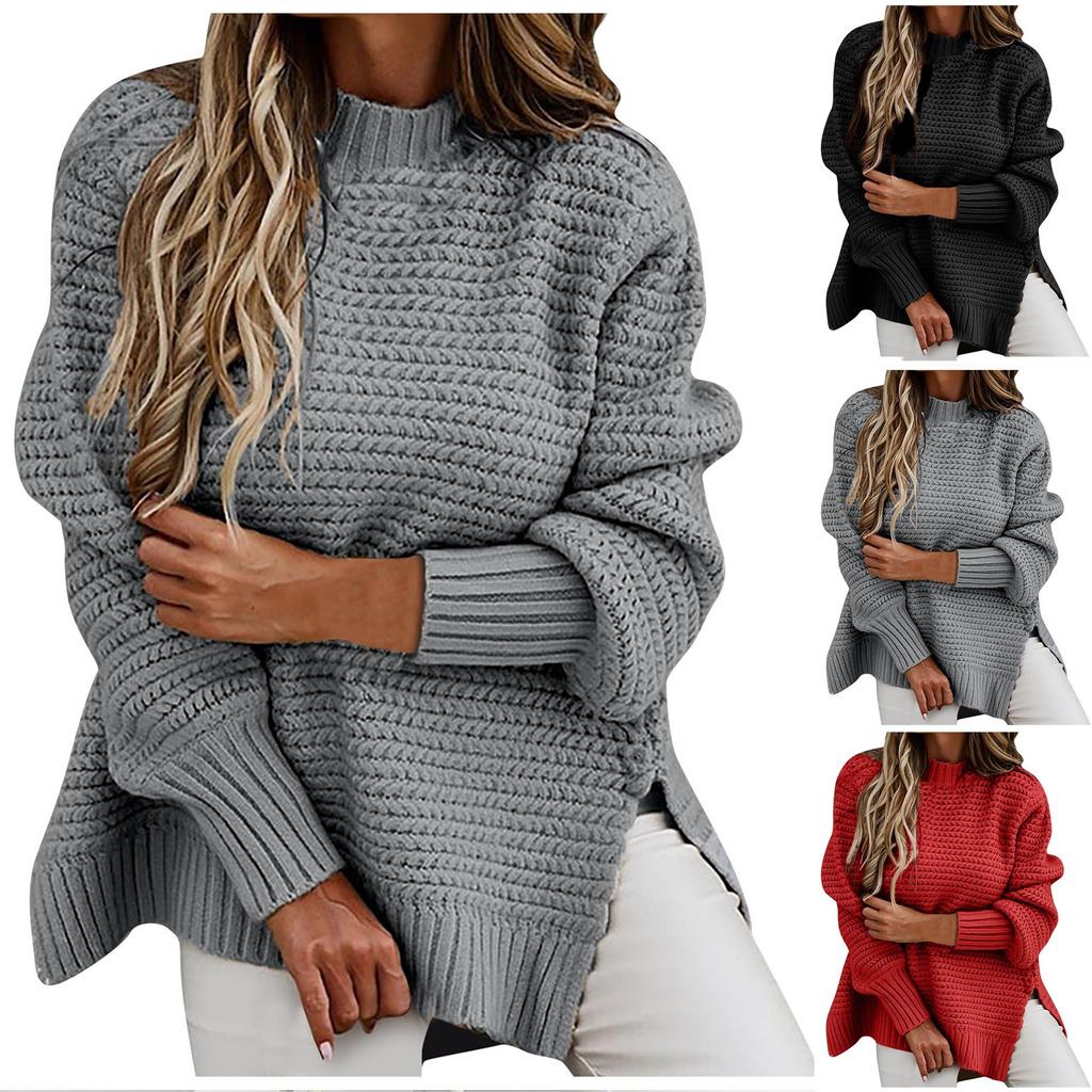 Women's Fashion Half High Neck Loose Solid Long Sleeve Thick Needle Side Split Knitted Sweater