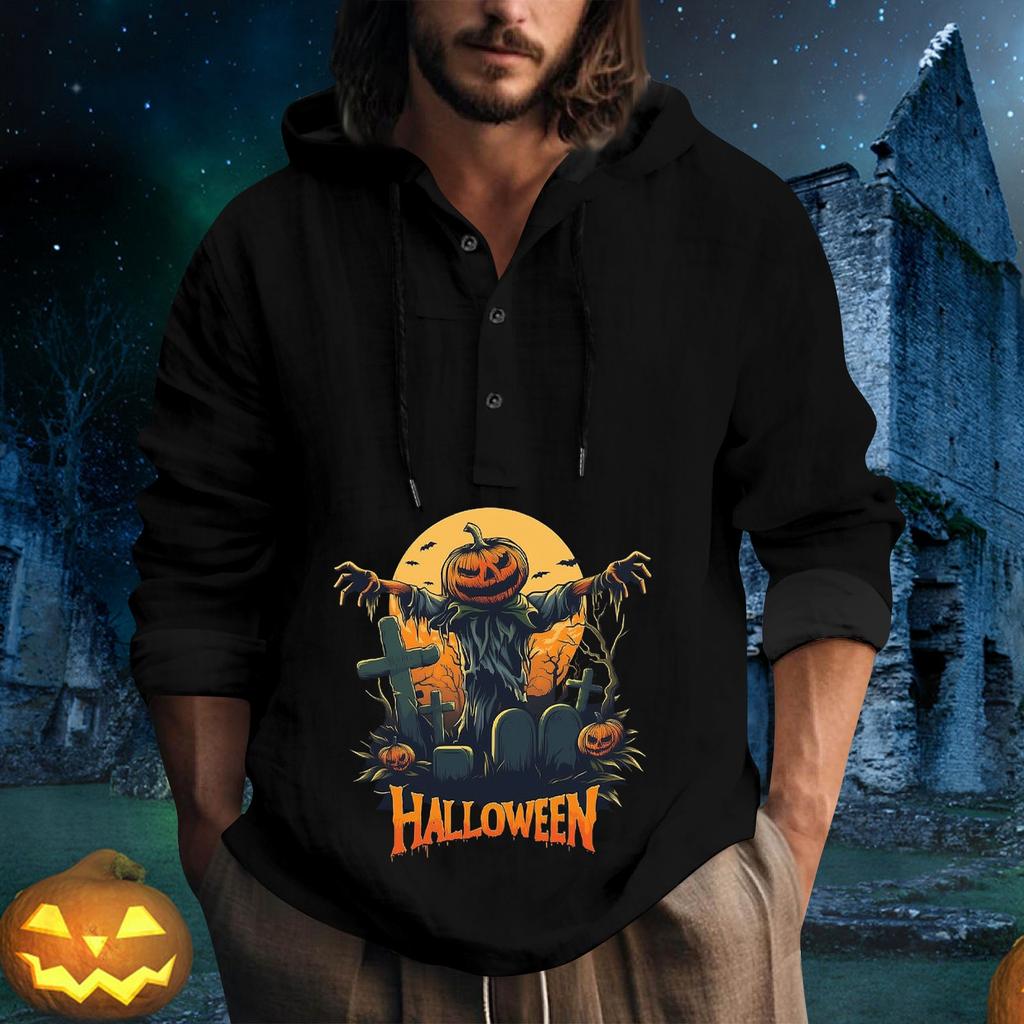 Halloween Printed Hooded Men's Oversized Drawstring Button Hoodie