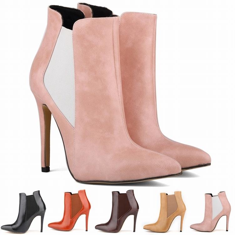 Women Sexy Pointed Toe Solid Black PU Leather High Heels Platform Ankle Boots Stilettos Shoes