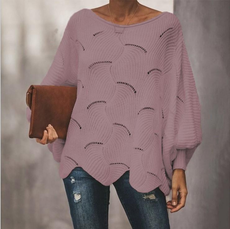 Women's Solid Color Round Neck Loose Large Size Thin Cutout Long-Sleeved Sweater Top