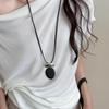 Vintage Black Wooden Oval Pendant Necklace For Women Minimalist Matte Metal Block Adjustable Leather Rope Sweater Chain Jewelry