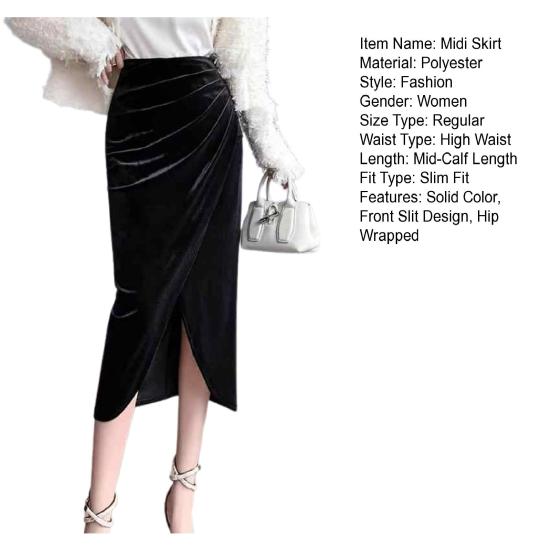 Women Midi Skirt High Waist Irregular Front Slit Design Golden Velvet Skirt Solid Color Design Leg-shaping Skirt