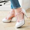 Fashion Women's T Strap High Heels Round Toe Heel Pumps Women Platform Pumps Bow Party Wedding Shoes Chaussures De Femme Size 33-48