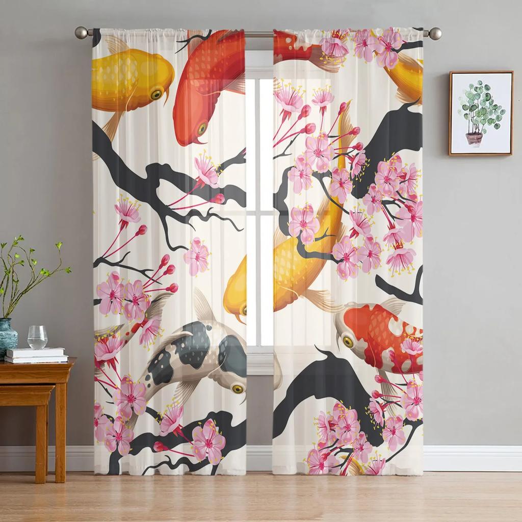 Bamboo Carp Chinese Ink Painting Tulle Curtains For Living Room Bedroom Kitchen Decoration Chiffon Sheer Voile Window Curtains