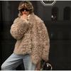 Faux Fur Solid Pleated Women Coat Long Sleeve Pocket Cardigan V-neck Female Jacket Winter Casual Fashion Lady Outwear Large Size Jacke