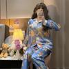 New Ice Silk Soft Pajamas Women's Lapel Cardigan Set 2 Piece Printed Women's Flower Pajamas