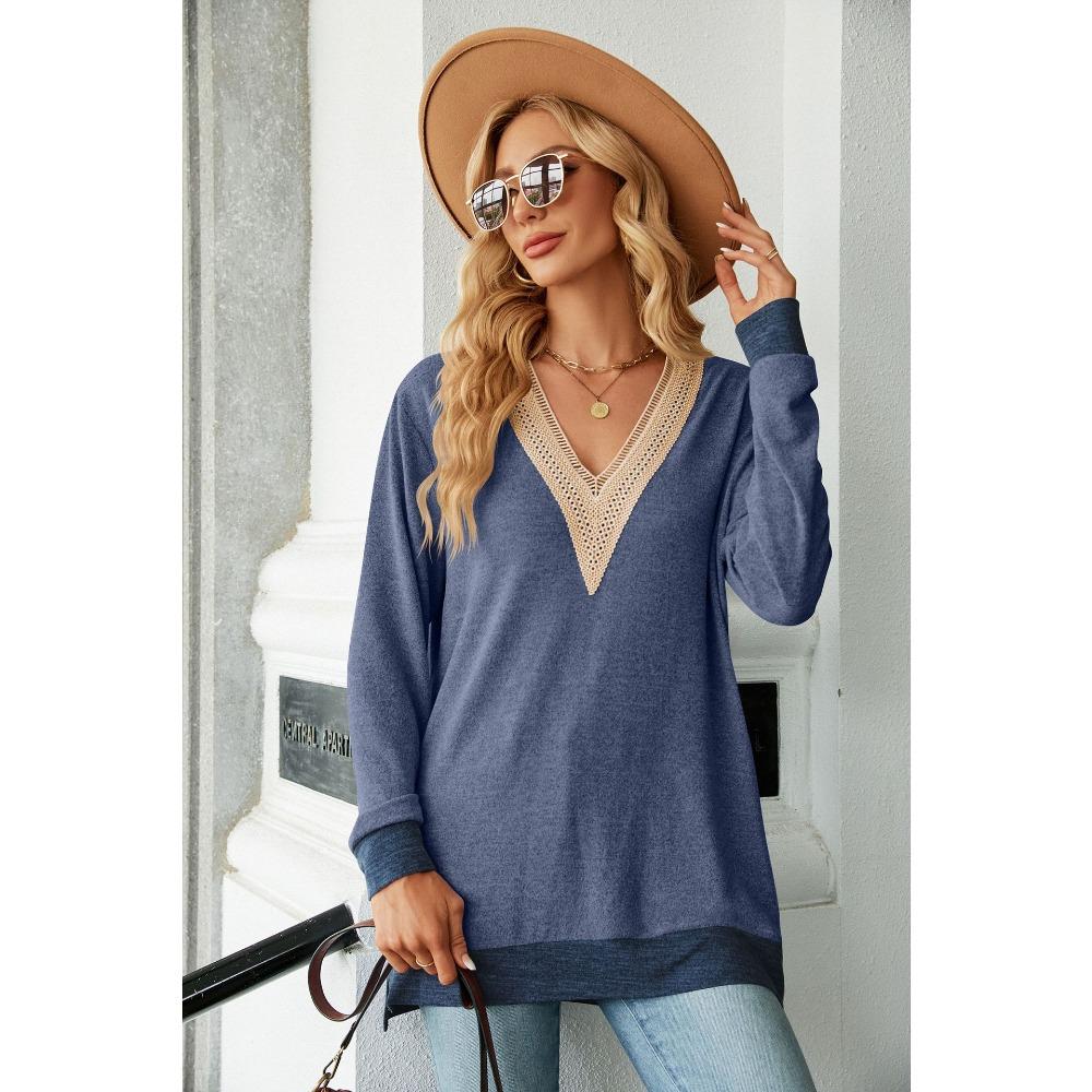 Women's Long Sleeve T-Shirt Fall/Winter Sweatshirt Women's Lace V-Neck Color-Blocked Split Hem Loose Top