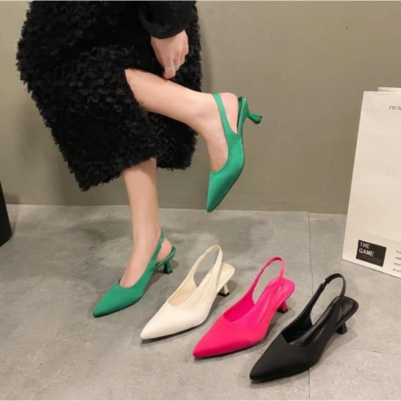 Fashion New Pointy Head Shallow Mouth Half Head Sandal Women's Summer Fine Heels Solid Color Back Strap High Heels