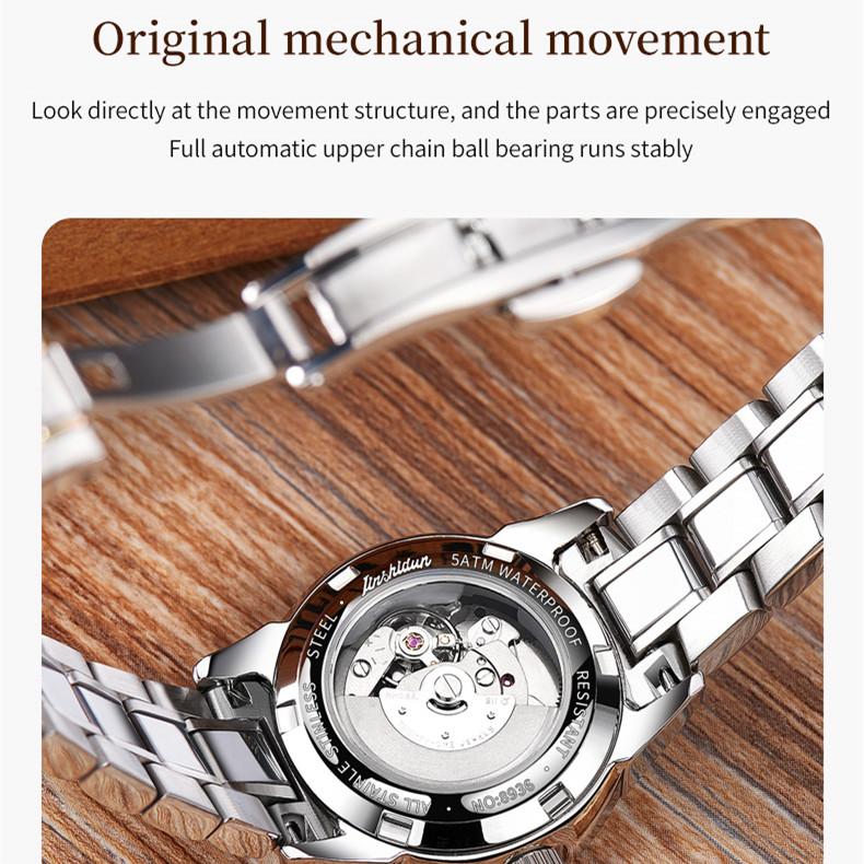 JINSHIDUN New Business and Leisure Ladies Watch Fully Automatic Mechanical Watch Tungsten Steel Double Calendar Luminous Waterproof High-end Watch