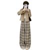 Khaki Retro Plaid Pants for Women's Spring and Autumn New High-waist Drooping Casual Pants Straight Lazily American Wide-leg Pants