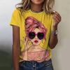 Summer Round Neck 3D Cartoon Modern Girl Print Top Fashionable Casual Short Sleeved Women's T-shirts