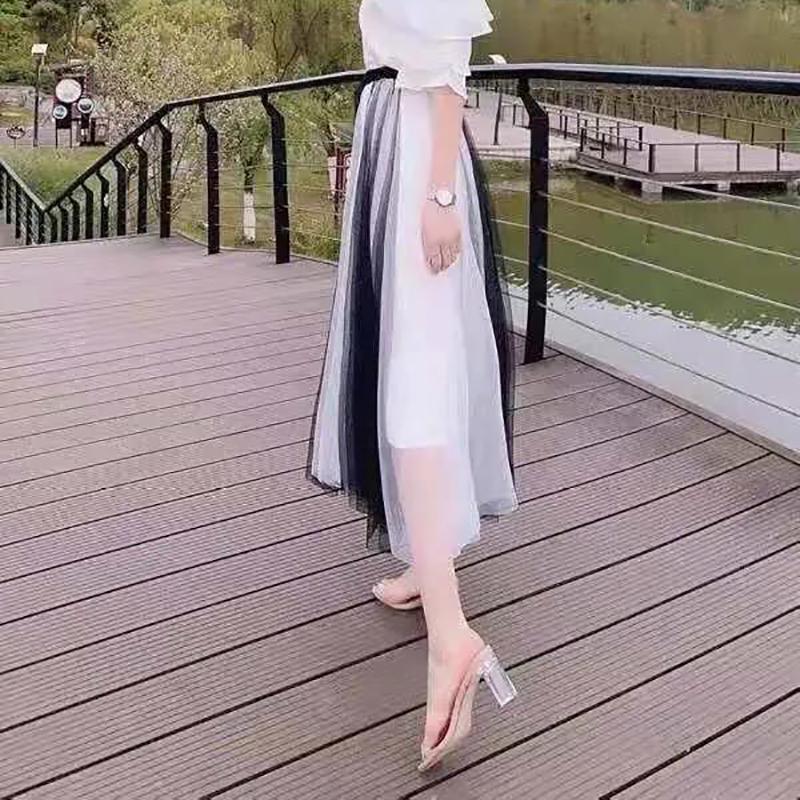 WTEMPO Women's Mesh Skirts Spring Summer Elegant Tulle Skirt Female Elastic High Waist Long Pleated Skirts Two-tone Panel Tutu Skirt