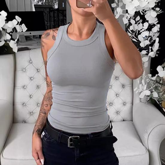 Women Vest Round Neck Sleeveless Elastic Slim Fit Tops Solid Color Sport Camisole