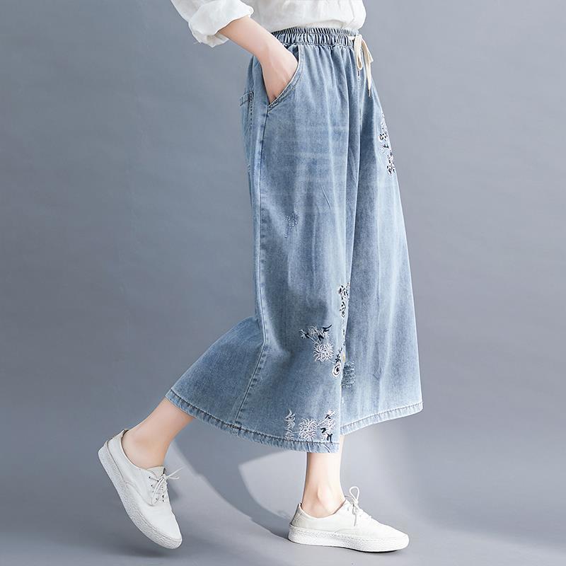 Plus Size Women Jeans Elastic Waist Embroidery Wide Leg Denim Pants Female Spring Autumn Vintage Loose High Waist Pants