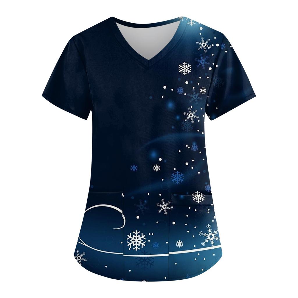 Women's Fashion Christmas Printed Short Sleeve V-Neck Top Small Pocket Work T-Shirt