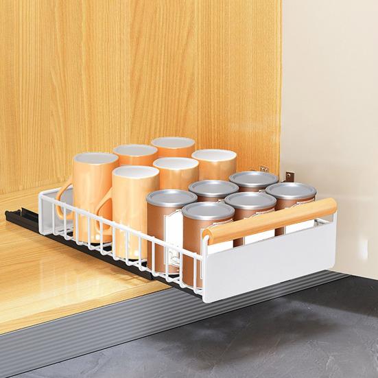 Bowl Dish Storage Rack Large Capacity with Adhesive Rail Pull Out Sliding Drawer Cabinet Organizer Detachable Drainage Plate Heavy Duty Slide Out