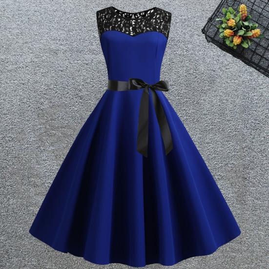 Lady Petticoats Plus Size O-Neck Sleeveless See-through Lace Stitching Ribbon Bowknot Gown Dress A-Line Skater Large Hem Midi Princess Dress