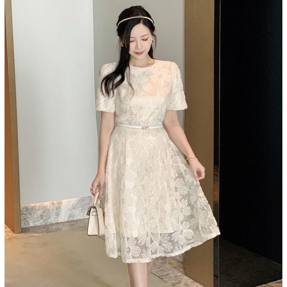 New Fashion Mesh Sequined Embroidery Short Dress Women Clothing Elegant Floral Pearl Belt Slim Casual Summer Dress