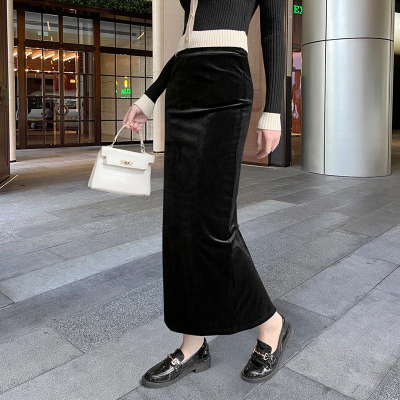 2025 Stylish Gold Velvet High-Waist Midi Skirt for Women - Black, Autumn/Winter, Sexy Long Slit