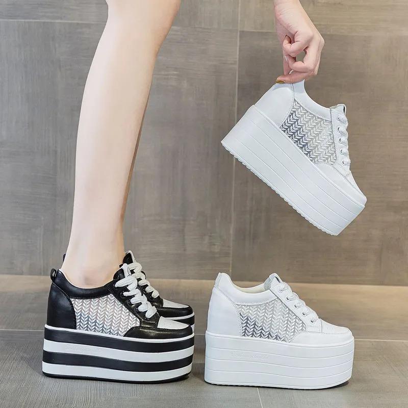 Fashion 12cm New Air Mesh Leather Genuine Platform Wedge Flats Summer Spring Boot Ankle Women High Brand White Fashion High Heels Shoes