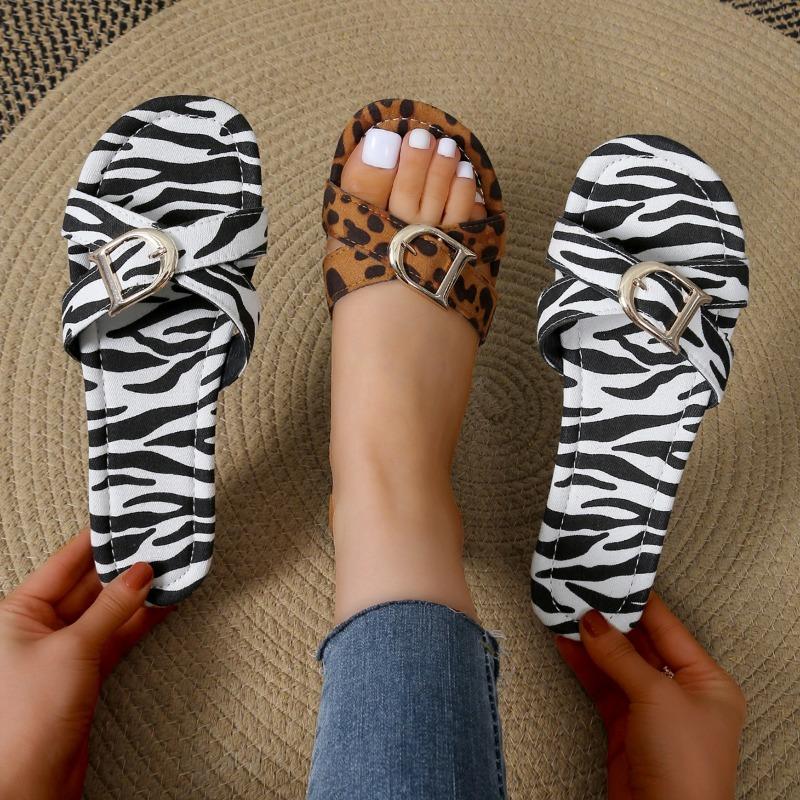 Shoes for Women 2024 Brand Leopard Print Women's Slippers Fashion Belt Buckle Daily Slippers Women Summer Peep Toe Flat Slippers