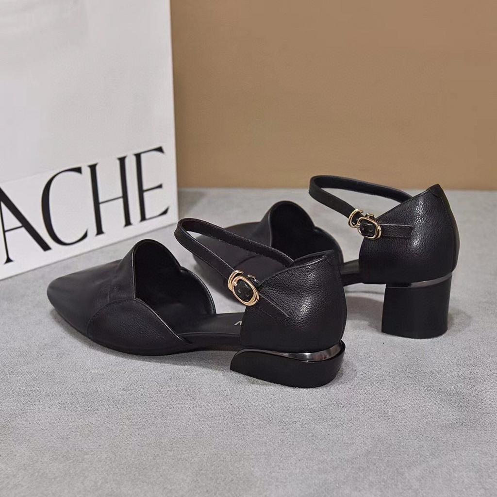 Hollow Sandals 2025 Summer New Ruffle Edge Pointed Head with Thick Heel Middle Heel First Layer Cowhide Women's Sandals