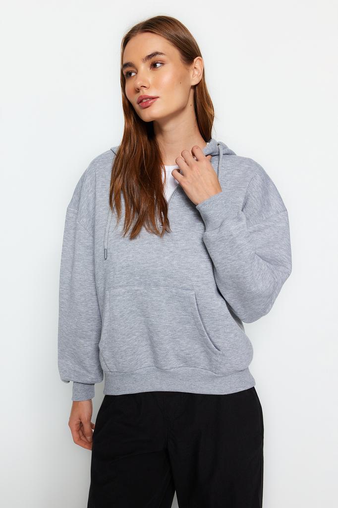 Women's Fashion Sweatshirt Hooded Long Emerald Green Regular Fit Embroidered Hooded Knitted Sweatshirt with Fleece Inside