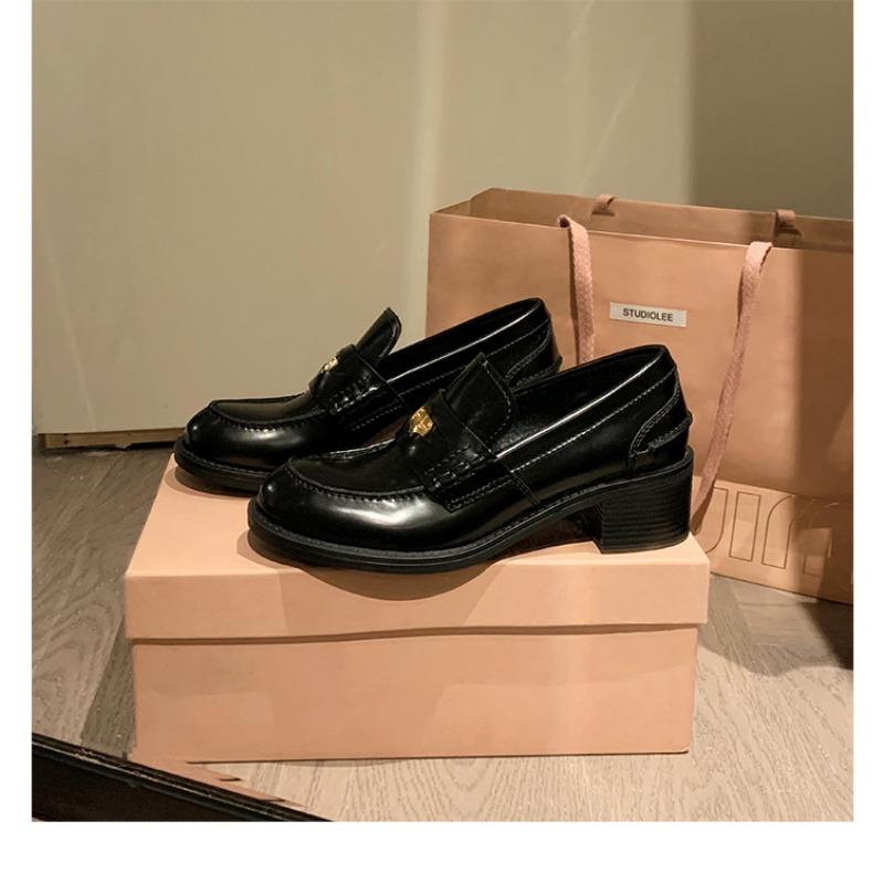 Sheepskin British Round Head Gold Coin Genuine Leather Thick Sole One Pedal Thick Heel Women's Small Leather Shoes