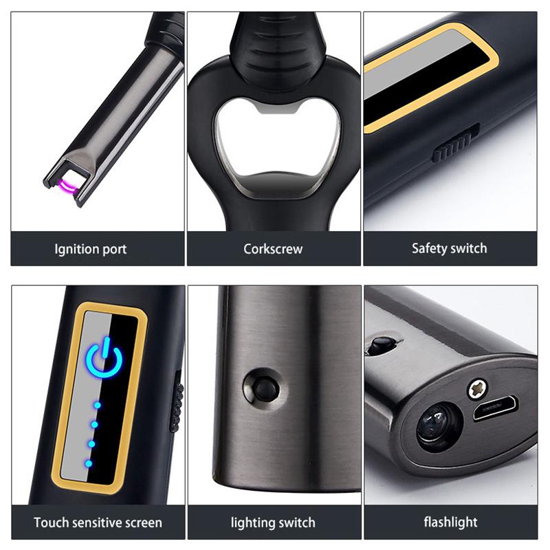 Multi Windproof Lighter BBQ Bottle Opener Arc Lighter USB Rechargeable Electric Lighter for Led Light Safety Kitchen Lighter