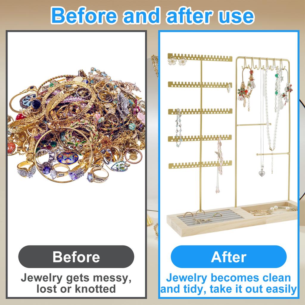 5-Tiers Earring Display Holder Stand Metal Necklace Bracelet Anklet Stud Earring Jewelry Storage Organizer Wooden Base Stand