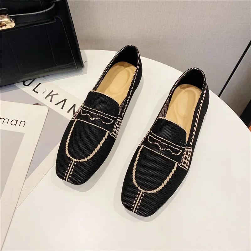 Weaving Princess Shoes Fashion Square Toe Casual Ballet Flats Shoes Women's Knitted Flat Bottom Soft Sole Walking Shoes 2024