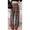 Retro Red Plaid Pants Women In Spring and Autumn New Loose Wide-leg Pants High Waist Casual Floor Trousers