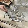 Fashion Advanced Sense ~! Silver Patent Leather Rhinestone Bow Pointy Half Slippers For Women With Fine Heels And High Heels