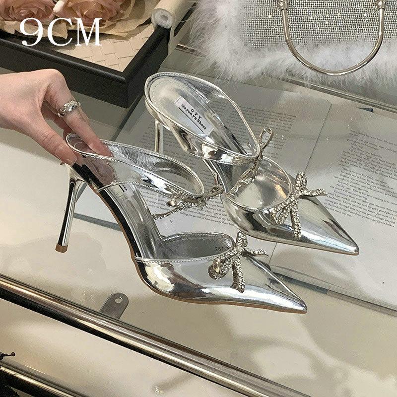Fashion Advanced Sense ~! Silver Patent Leather Rhinestone Bow Pointy Half Slippers For Women With Fine Heels And High Heels
