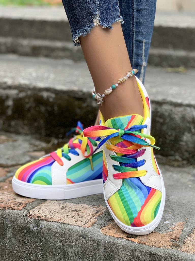 2023 Autumn New Street Rainbow Fashion Casual Trendy Shoes Autumn Color Gradient Women's Sports Single Shoes