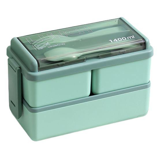 Lunch Box Compartment Design Easy Carrying Double Layer Microwave Safe Japanese Style Students Bento Box with Fork Spoon Daily Use