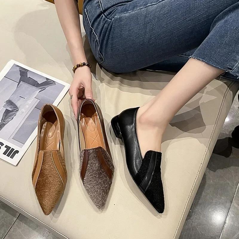 Pointed Toe Flat Women Solid Patchwork Slip On Shoes Casual Breathable Ballet Flats Daily All-Match Comfort Loafers Shoes