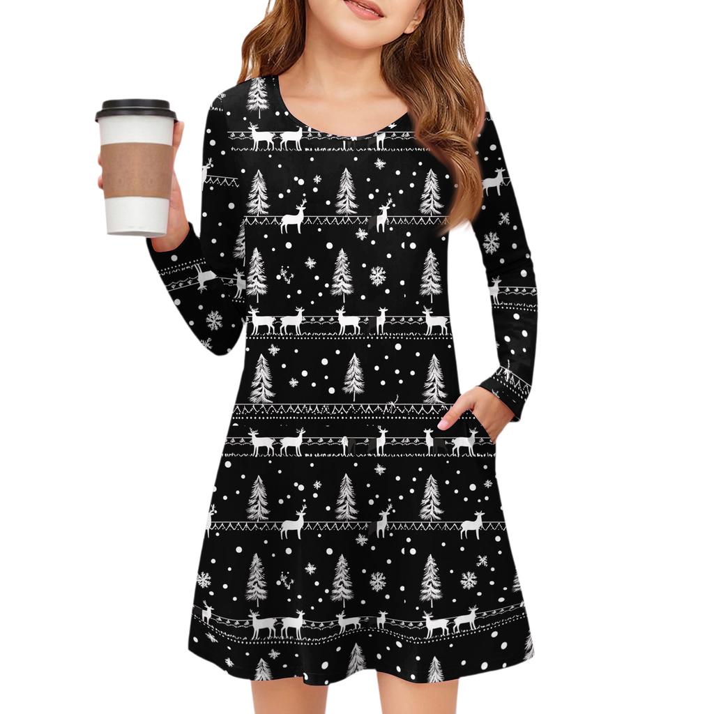 Christmas Day Girls' Long Sleeve Dress - Color Pocket Dress