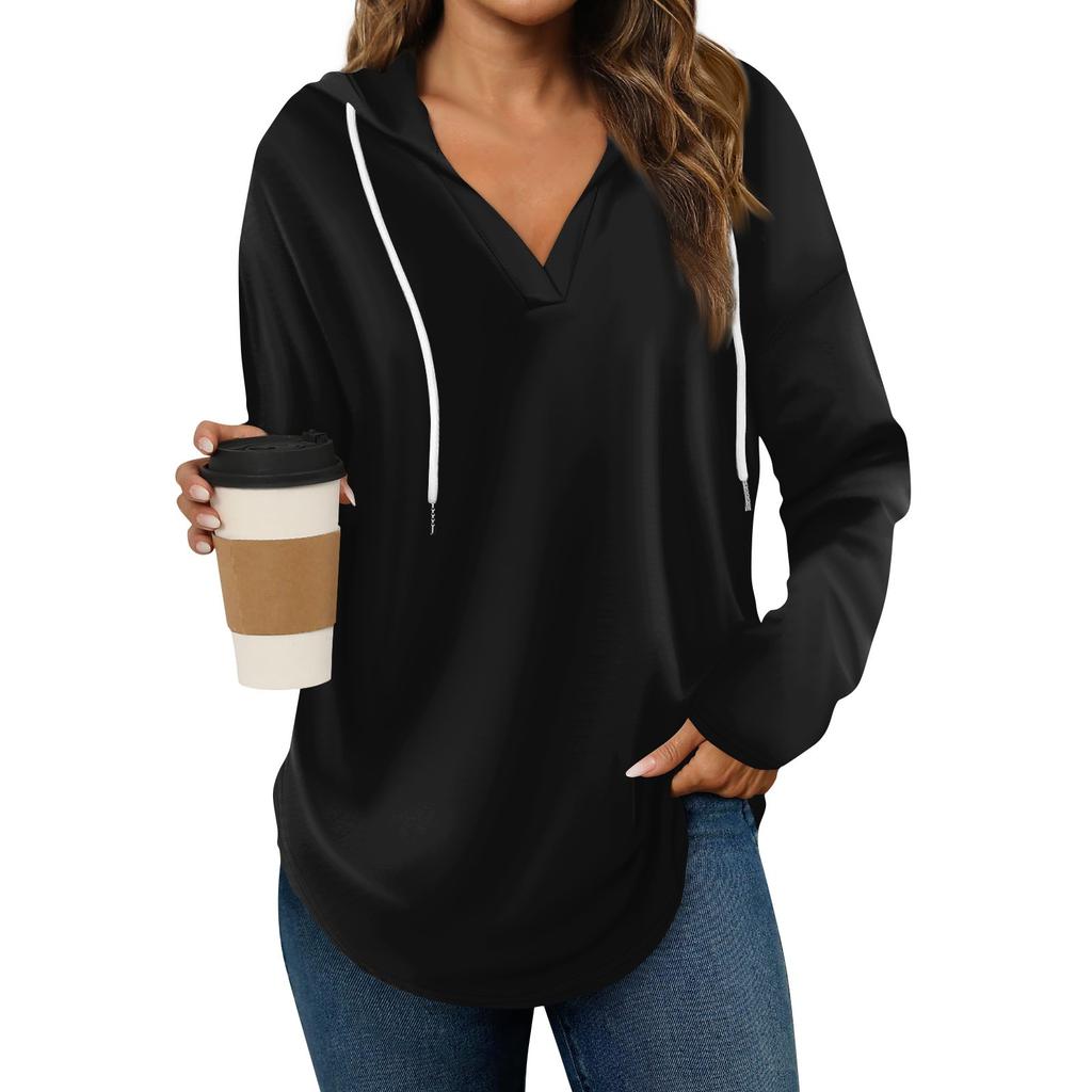 Women's Fashion Hoodies V Neck Long Sleeve Solid Drawstring Casual Loose Pullover Tops