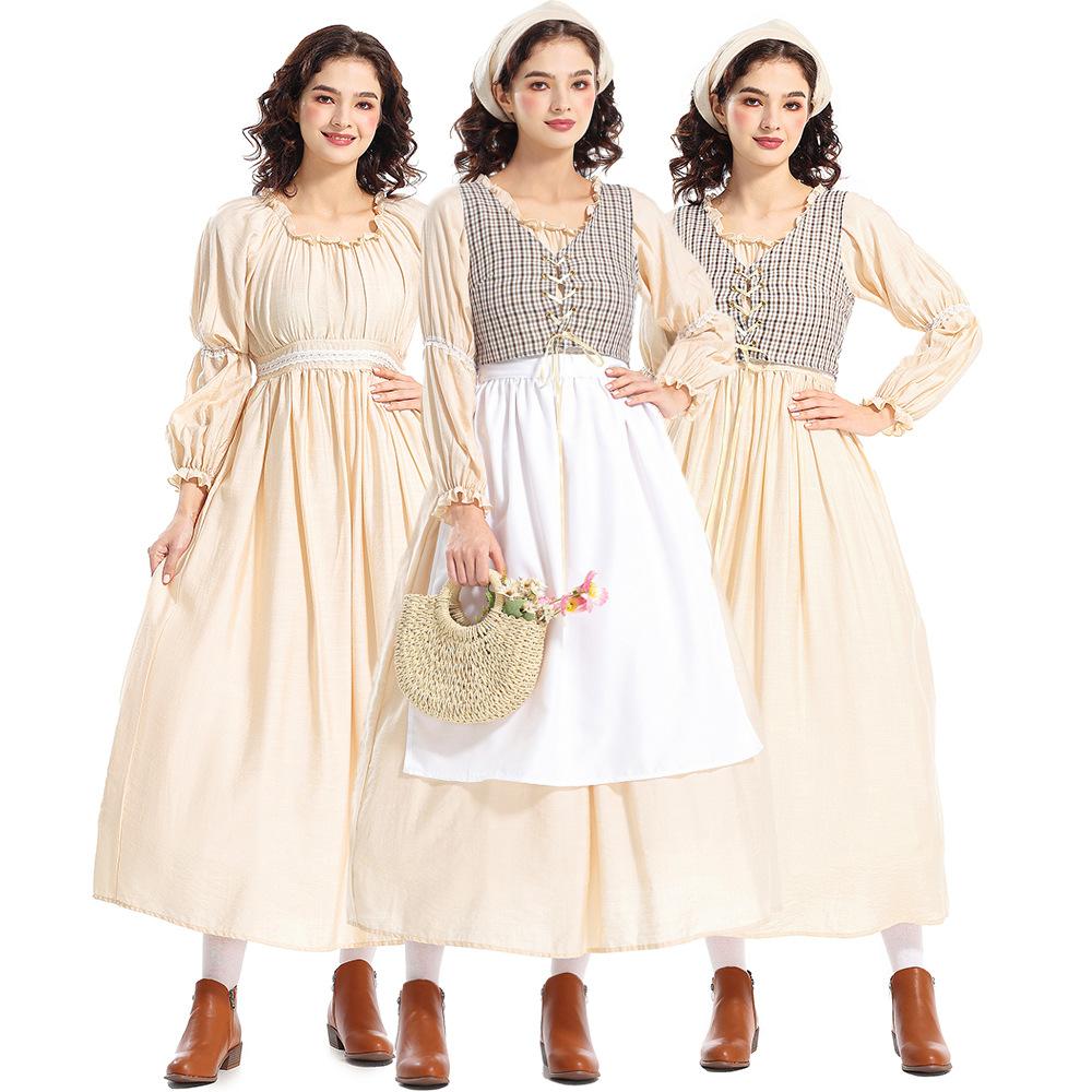 Adult Women Grassland Colony Dress Renaissance Victorian Medieval Dress Gown Apron Halloween Cosplay Costumes Role Play Outfit