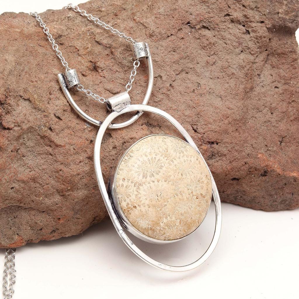 Necklace Fossil Coral Gemstone Jewelry Handmade Pendant 20" Natural